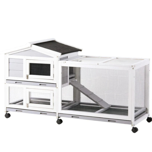 Indoor Outdoor Wooden Rabbit Hutch | 2-Tier Mobile Bunny Cage on Wheels with Waterproof Roof