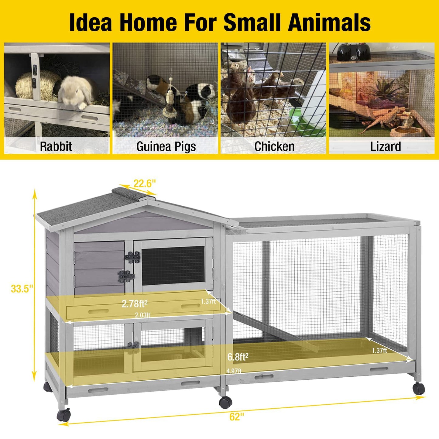 Indoor Outdoor Wooden Rabbit Hutch | 2-Tier Mobile Bunny Cage on Wheels with Waterproof Roof
