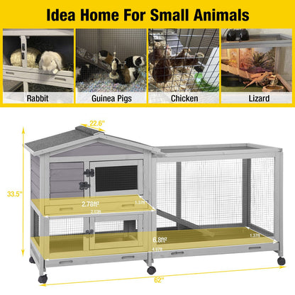 Indoor Outdoor Wooden Rabbit Hutch | 2-Tier Mobile Bunny Cage on Wheels with Waterproof Roof