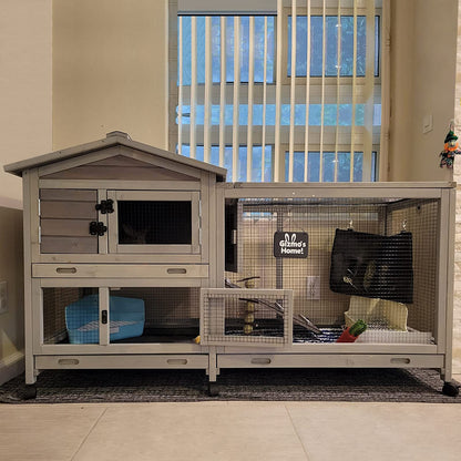 Indoor Outdoor Wooden Rabbit Hutch | 2-Tier Mobile Bunny Cage on Wheels with Waterproof Roof