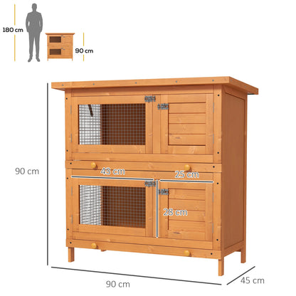 PawHut 2-Tier Wooden Rabbit Hutch | Bunny Cage House 90 x 45 x 90cm
