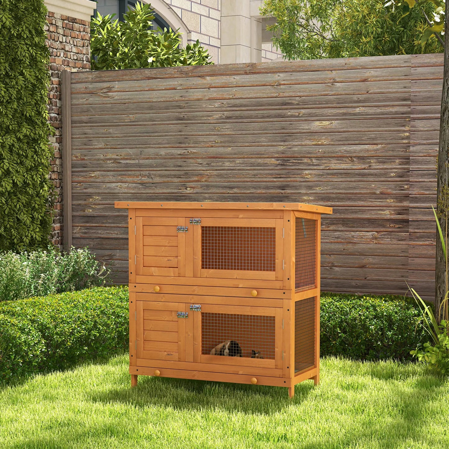 PawHut 2-Tier Wooden Rabbit Hutch | Bunny Cage House 90 x 45 x 90cm