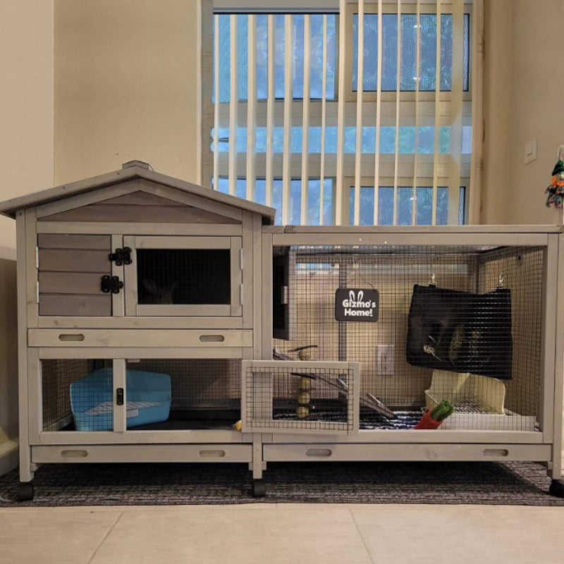 Indoor Outdoor Wooden Rabbit Hutch | 2-Tier Mobile Bunny Cage on Wheels with Waterproof Roof