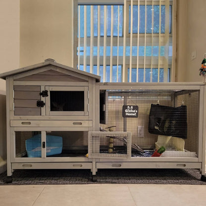 Indoor Outdoor Wooden Rabbit Hutch | 2-Tier Mobile Bunny Cage on Wheels with Waterproof Roof