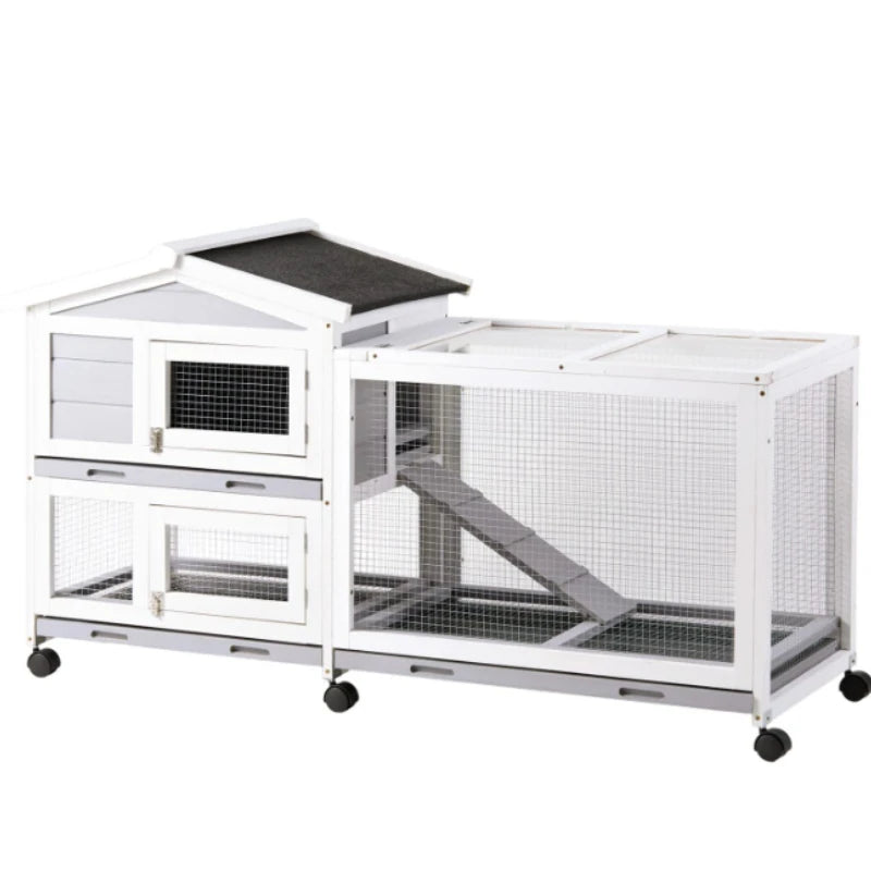 Indoor Outdoor Wooden Rabbit Hutch | 2-Tier Mobile Bunny Cage on Wheels with Waterproof Roof
