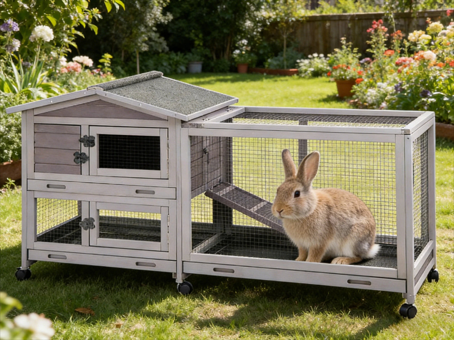Indoor Outdoor Wooden Rabbit Hutch | 2-Tier Mobile Bunny Cage on Wheels with Waterproof Roof