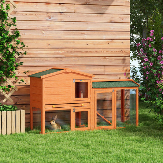 PawHut Wooden Rabbit Hutch with Run, Ramp & Slide-Out Tray
