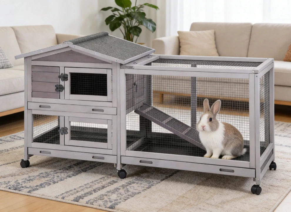 Indoor Outdoor Wooden Rabbit Hutch | 2-Tier Mobile Bunny Cage on Wheels with Waterproof Roof