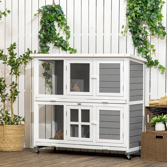 PawHut Wooden Rabbit Hutch with Wheels & Removable Tray – Grey
