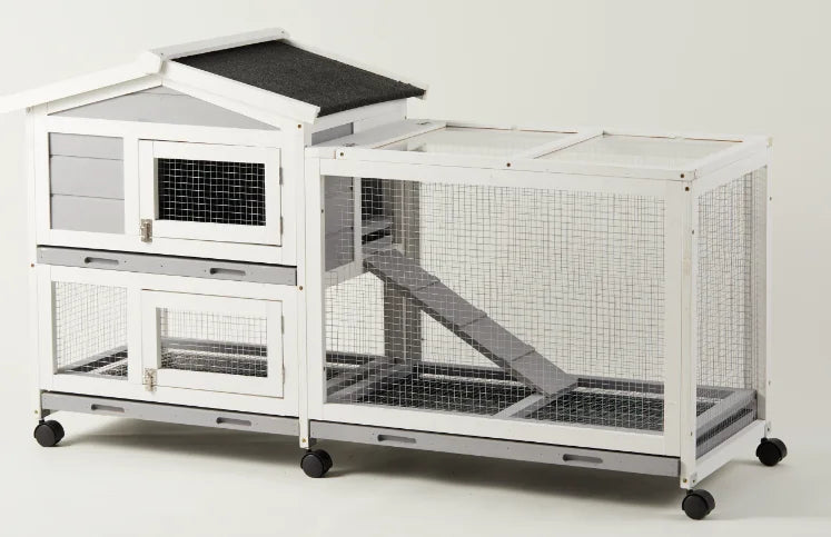 Indoor Outdoor Wooden Rabbit Hutch | 2-Tier Mobile Bunny Cage on Wheels with Waterproof Roof