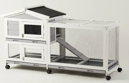 Indoor Outdoor Wooden Rabbit Hutch | 2-Tier Mobile Bunny Cage on Wheels with Waterproof Roof