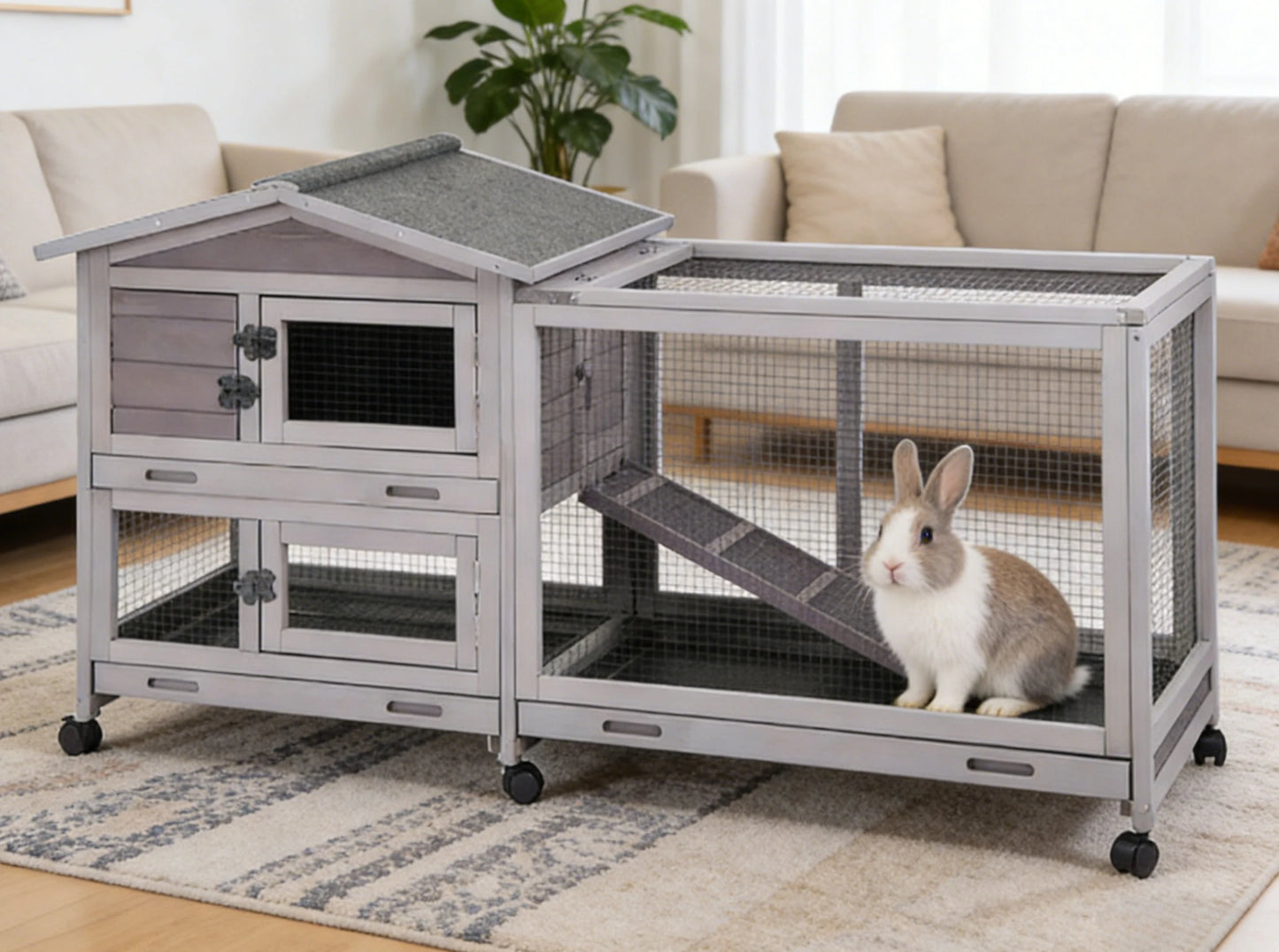 Indoor Outdoor Wooden Rabbit Hutch | 2-Tier Mobile Bunny Cage on Wheels with Waterproof Roof