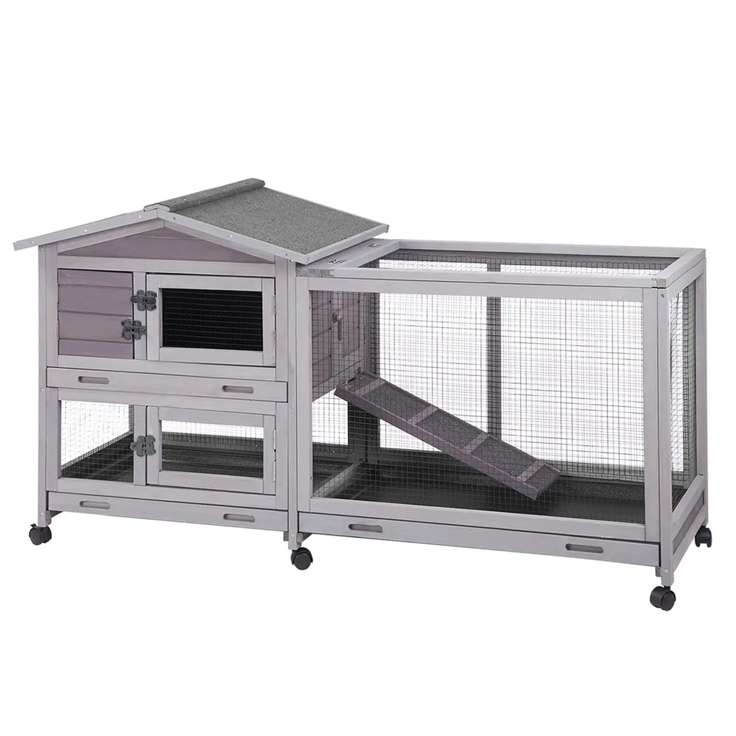 Indoor Outdoor Wooden Rabbit Hutch | 2-Tier Mobile Bunny Cage on Wheels with Waterproof Roof