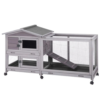 Indoor Outdoor Wooden Rabbit Hutch | 2-Tier Mobile Bunny Cage on Wheels with Waterproof Roof
