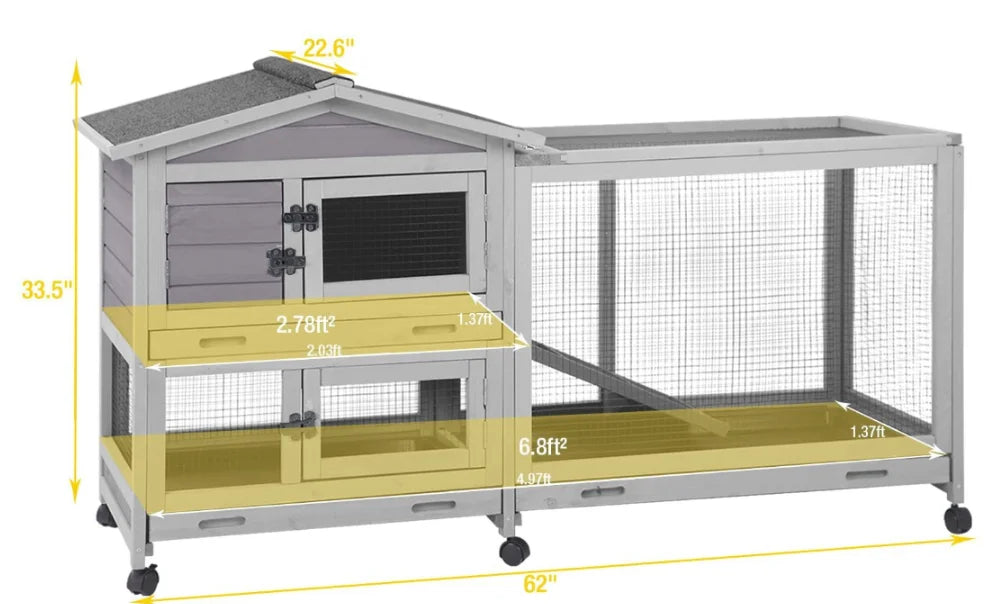 Indoor Outdoor Wooden Rabbit Hutch | 2-Tier Mobile Bunny Cage on Wheels with Waterproof Roof