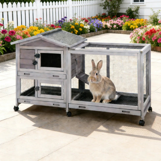 Indoor Outdoor Wooden Rabbit Hutch | 2-Tier Mobile Bunny Cage on Wheels with Waterproof Roof