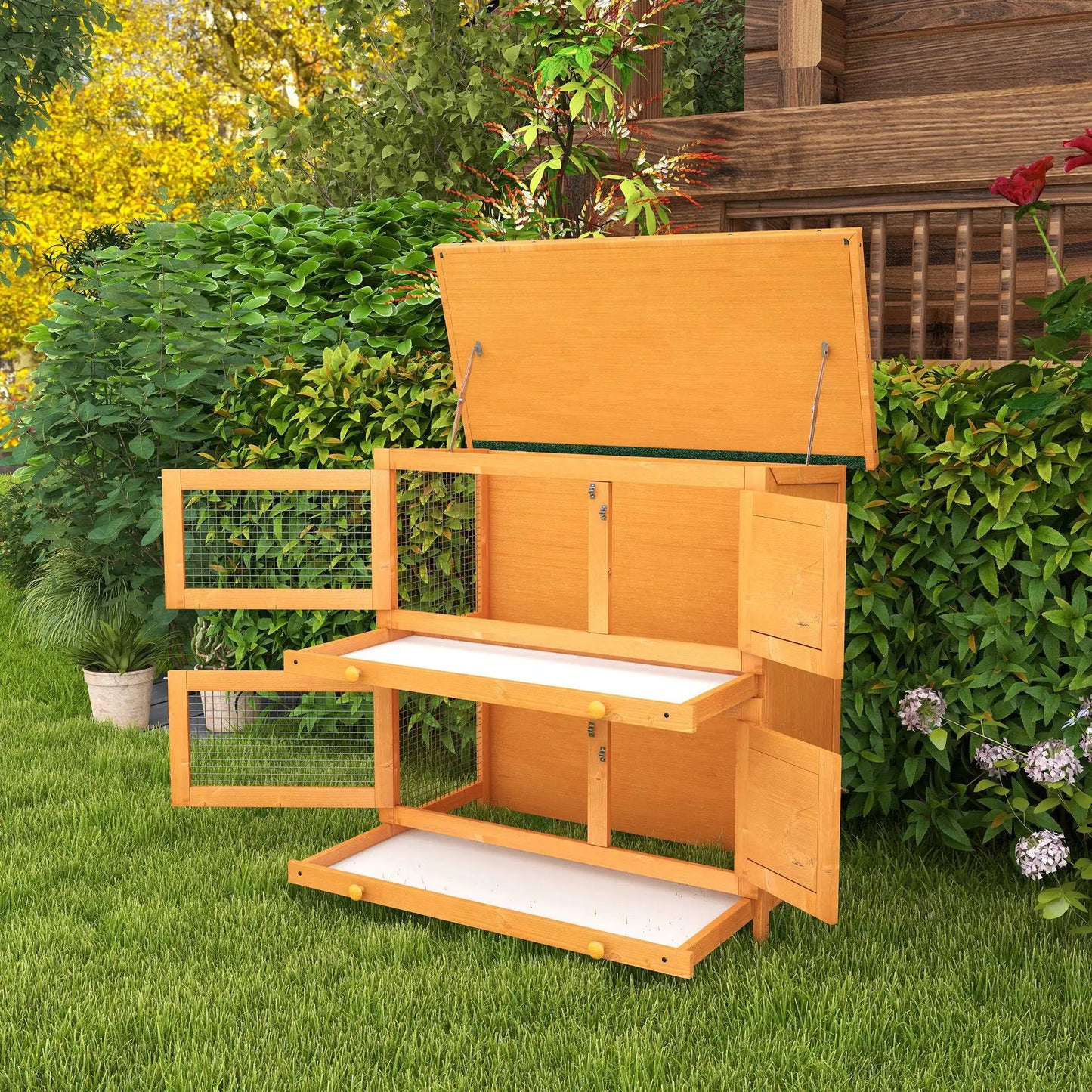 PawHut 2-Tier Wooden Rabbit Hutch | Bunny Cage House 90 x 45 x 90cm