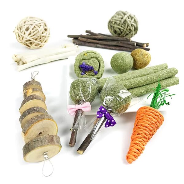 31Pcs Bunny Chew Toys Hay Treats Timothy Balls Bamboo Sticks Twigs Wood Blocks for Rabbit Teeth Cleaning