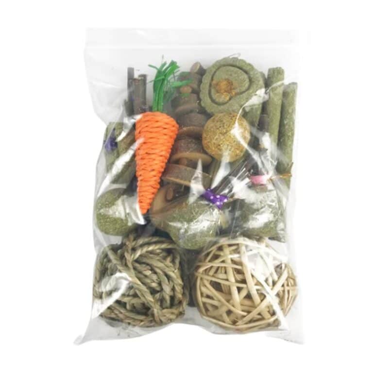 31Pcs Bunny Chew Toys Hay Treats Timothy Balls Bamboo Sticks Twigs Wood Blocks for Rabbit Teeth Cleaning