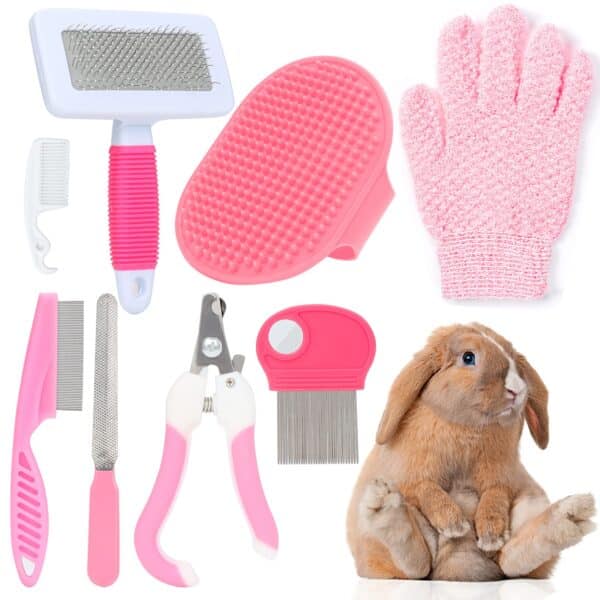 8 PCS Rabbit Grooming Kit - Brush, Slicker Brush, Massage Glove, Nail Clipper, Flea Comb, and Double-Sided Comb