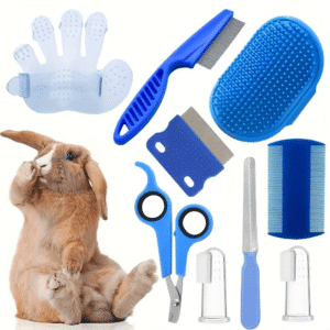 9 PCS Rabbit Grooming Kit - Brush, Slicker Brush, Massage Glove, Nail Clipper, Flea Comb, and Double-Sided Comb