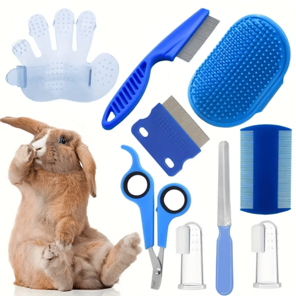 9 PCS Rabbit Grooming Kit - Brush, Slicker Brush, Massage Glove, Nail Clipper, Flea Comb, and Double-Sided Comb