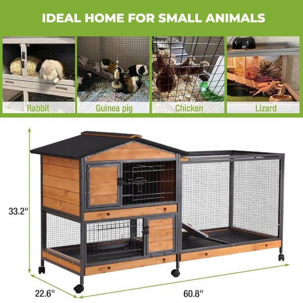 Rabbit Indoor Outdoor Hutch with Metal Exterior Wheels and Tray - Large Cage for Small Animals