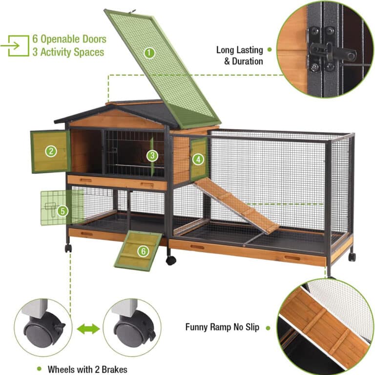 Rabbit Indoor Outdoor Hutch with Metal Exterior Wheels and Tray - Large Cage for Small Animals