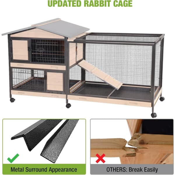 Rabbit Indoor Outdoor Hutch with Metal Exterior Wheels and Tray - Large Cage for Small Animals