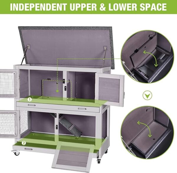 Two Story Indoor Outdoor Rabbit Hutch Bunny Cage with Wheels and 2 Deep No Leak Tray